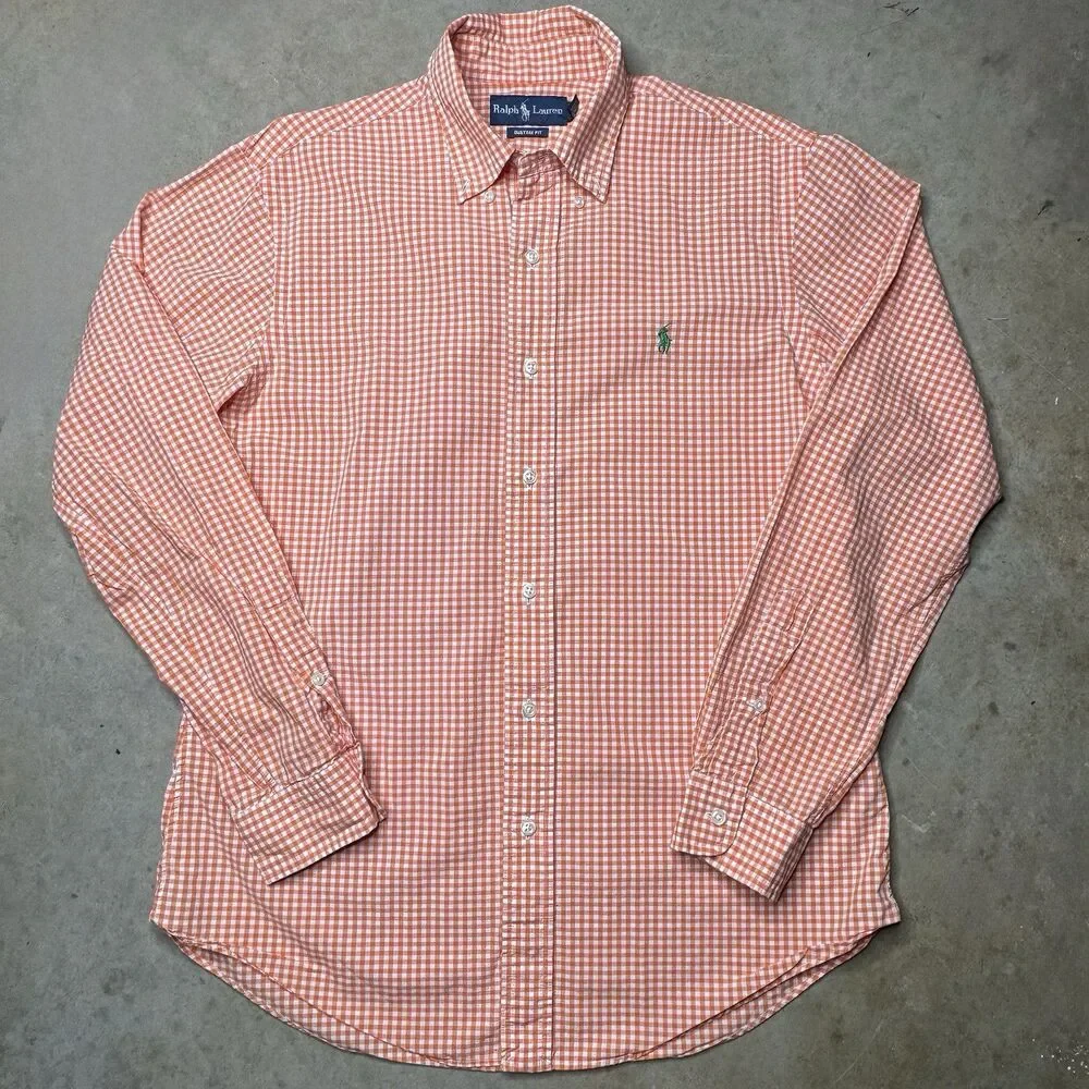 Polo Ralph Lauren Shirt Mens Medium Orange Gingham Check Long Sleeve Preppy